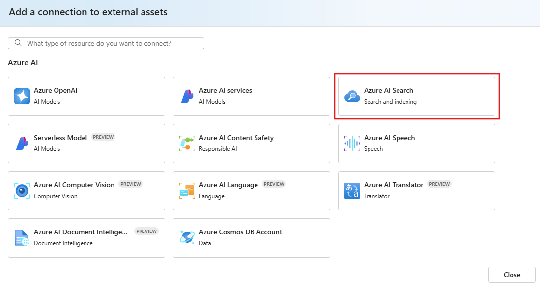 从其他资源列表中选择 Azure AI 搜索的页面的屏幕截图。