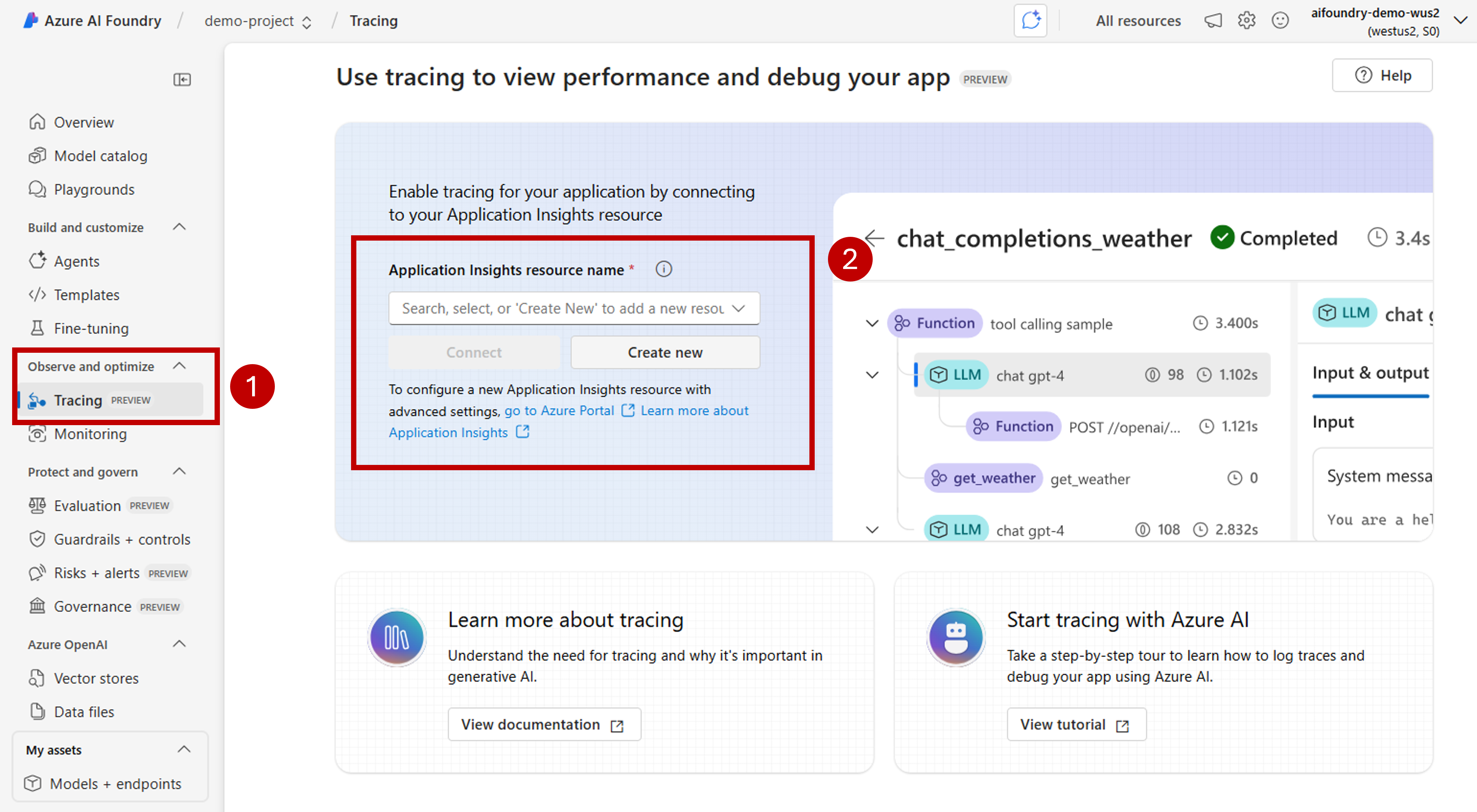 显示如何将 Azure Application Insights 配置为 Azure AI Foundry 资源的屏幕截图。