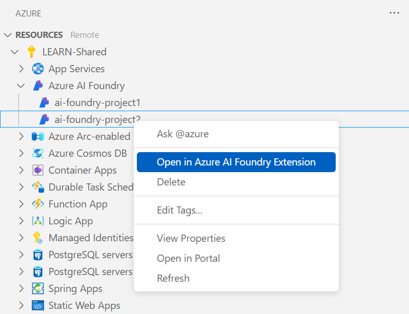 “在 Azure AI Foundry 扩展中打开”选项的屏幕截图。
