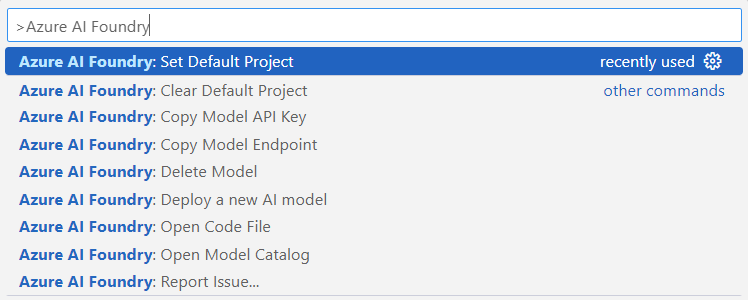 适用于 Azure AI Foundry 的 Visual Studio Code 命令面板的屏幕截图。