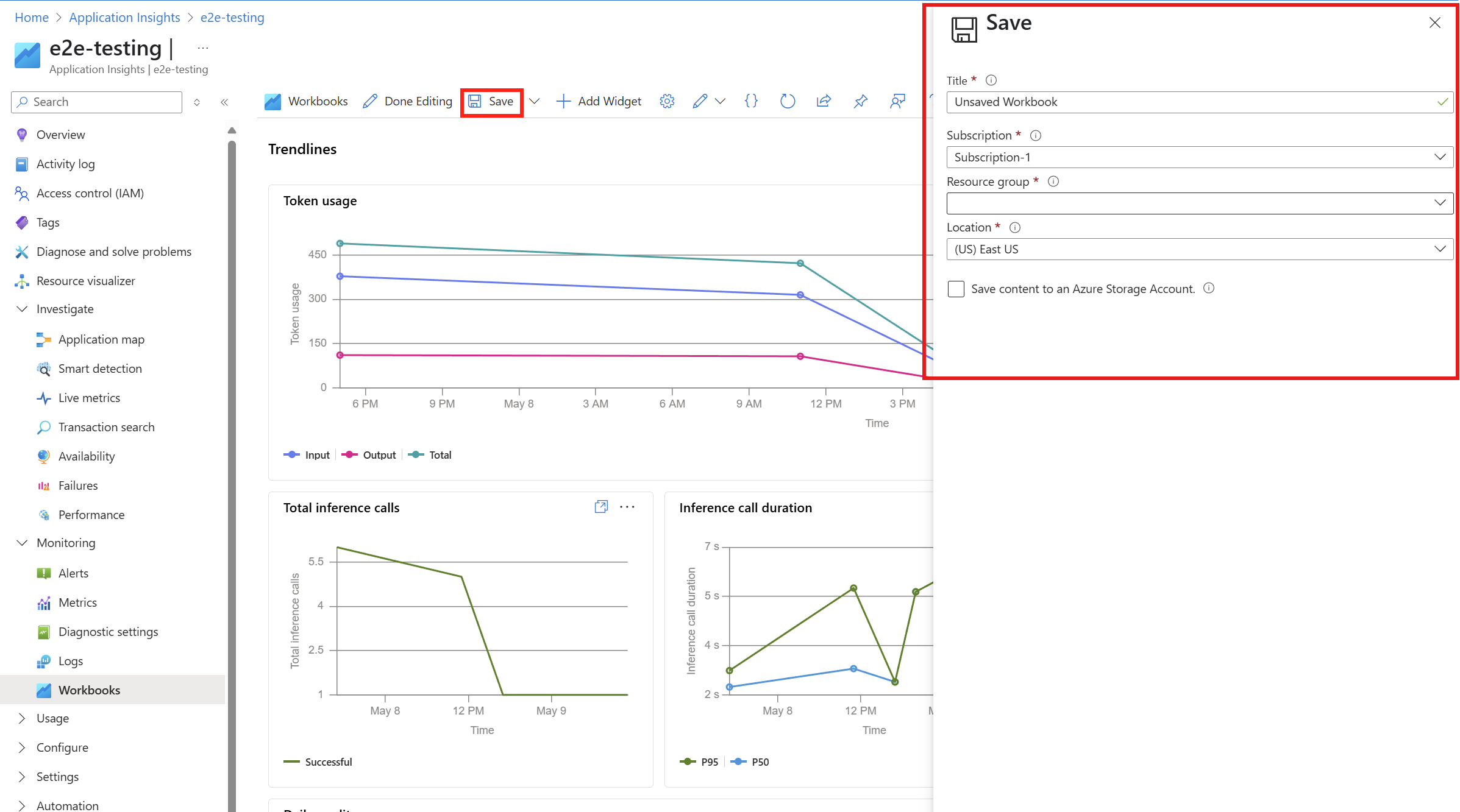 监视下的工作簿选项卡的屏幕截图,其中突出显示了 Azure 门户中的“保存”按钮和选项卡。