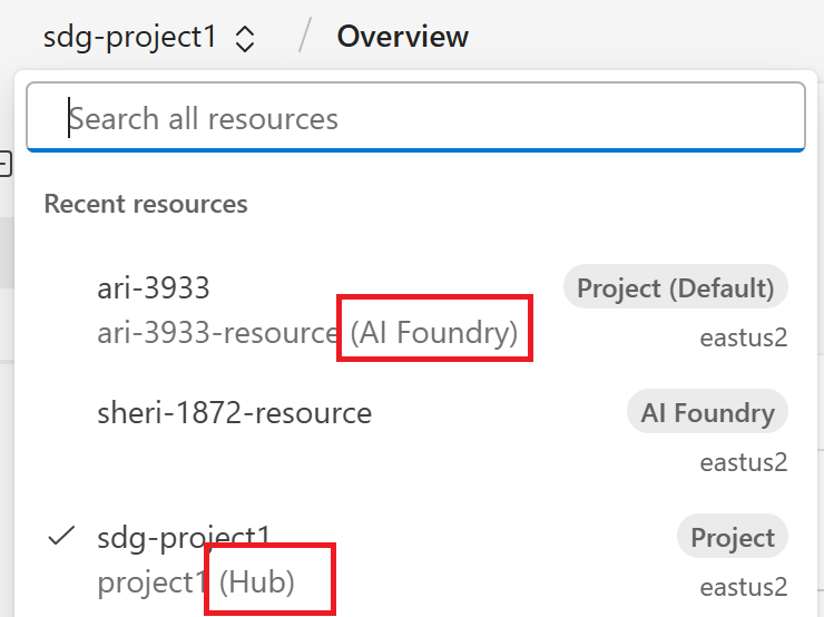屏幕截图显示了痕迹导航中的 Foundry 项目和基于中心的项目。