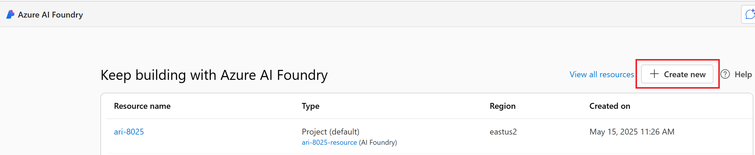 屏幕截图显示了如何在 Azure AI Foundry 中创建新项目。