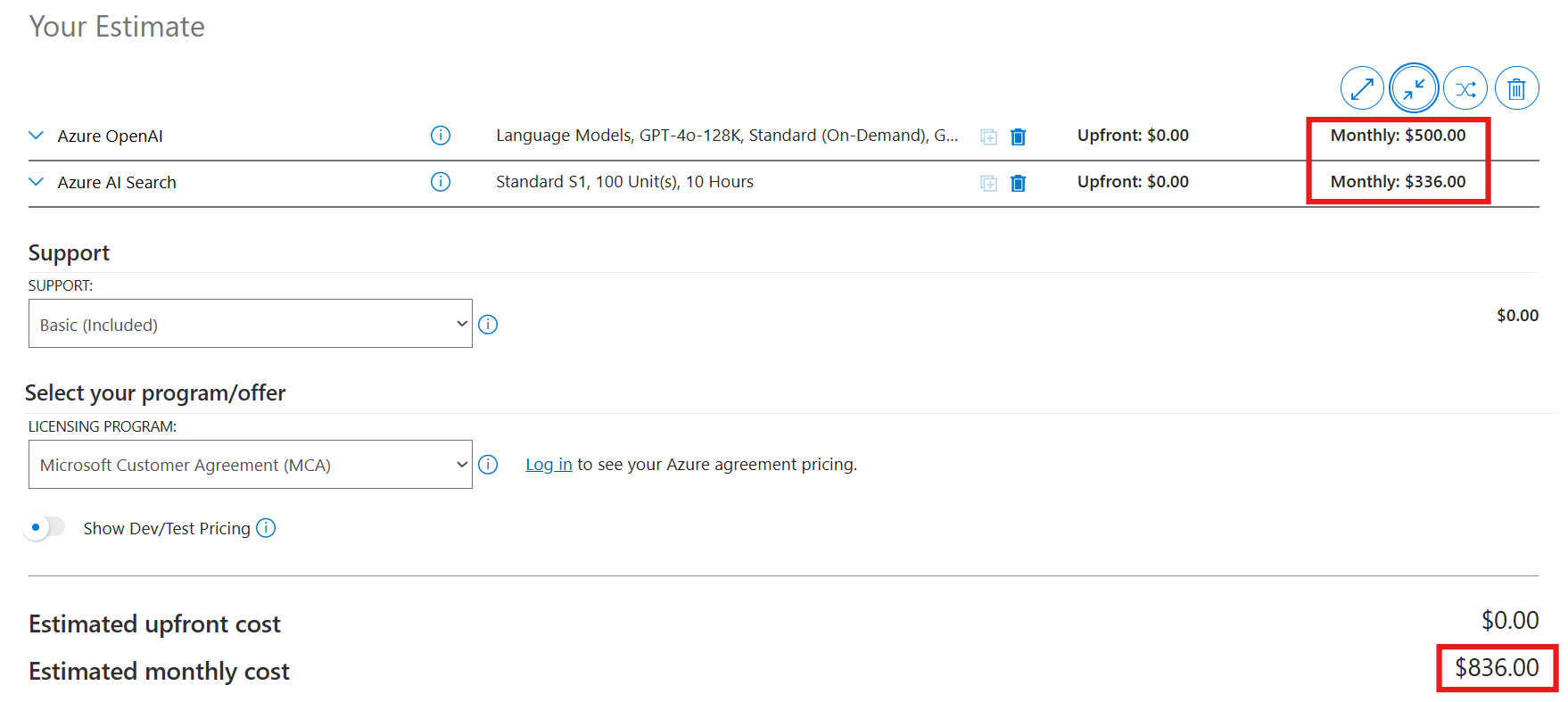 显示 Azure 中的成本计算器的屏幕截图。