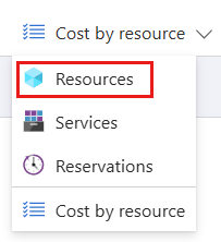 Azure 门户成本分析的屏幕截图,其中包含按资源选择成本的按钮。