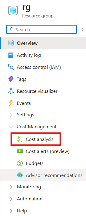 Azure 门户的屏幕截图,其中显示了“成本管理”下的“成本分析”部分。