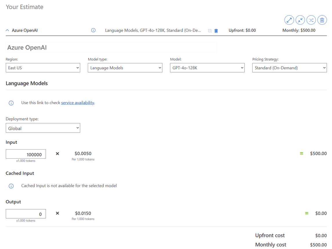 Azure 定价计算器中的 Azure OpenAI 成本估计的屏幕截图。