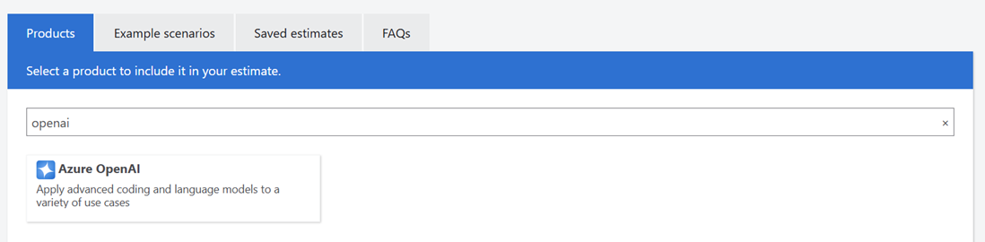 在 Azure 定价计算器中选择 Azure OpenAI 的屏幕截图。