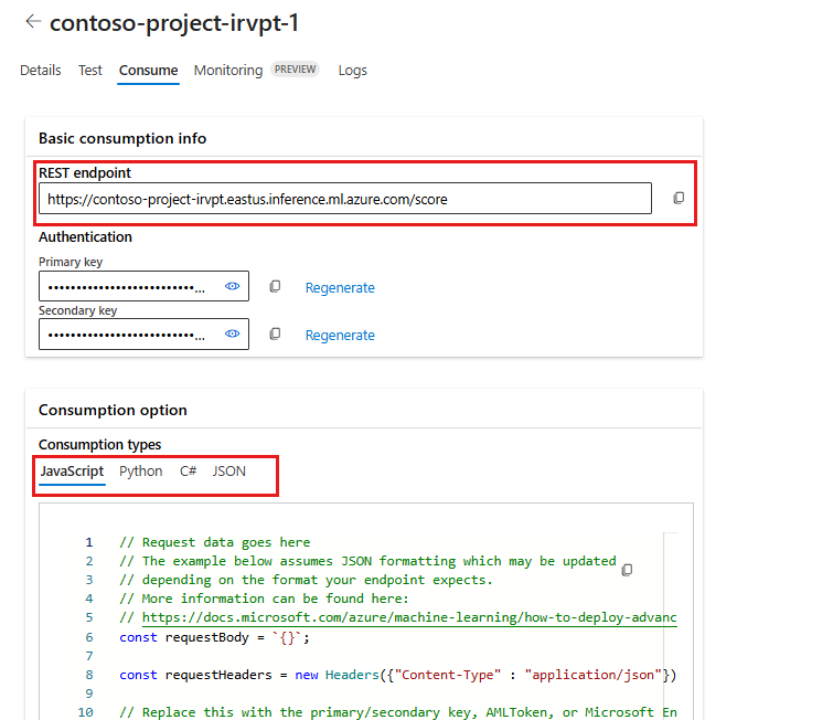 显示部署终结点和代码示例的屏幕截图。