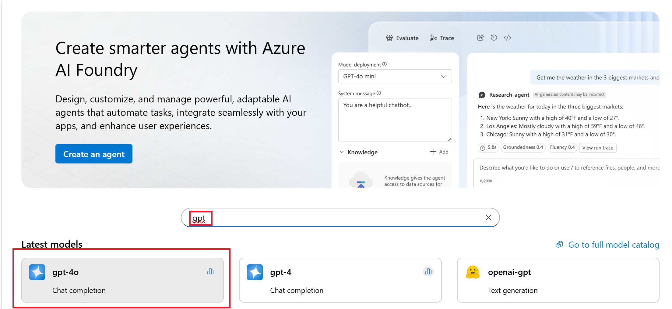屏幕截图显示了如何在 Azure AI Foundry 门户中开始使用模型。