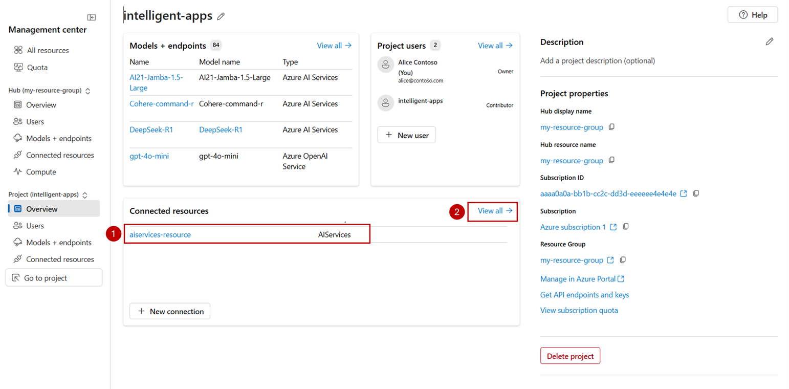 显示如何在管理中心的 Azure AI Foundry 中导航到连接详细信息的屏幕截图。