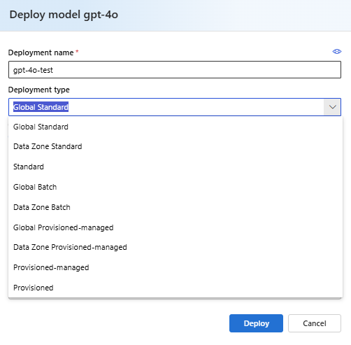 显示 Azure AI Foundry 门户中的模型部署对话框的屏幕截图,其中突出显示了部署类型。