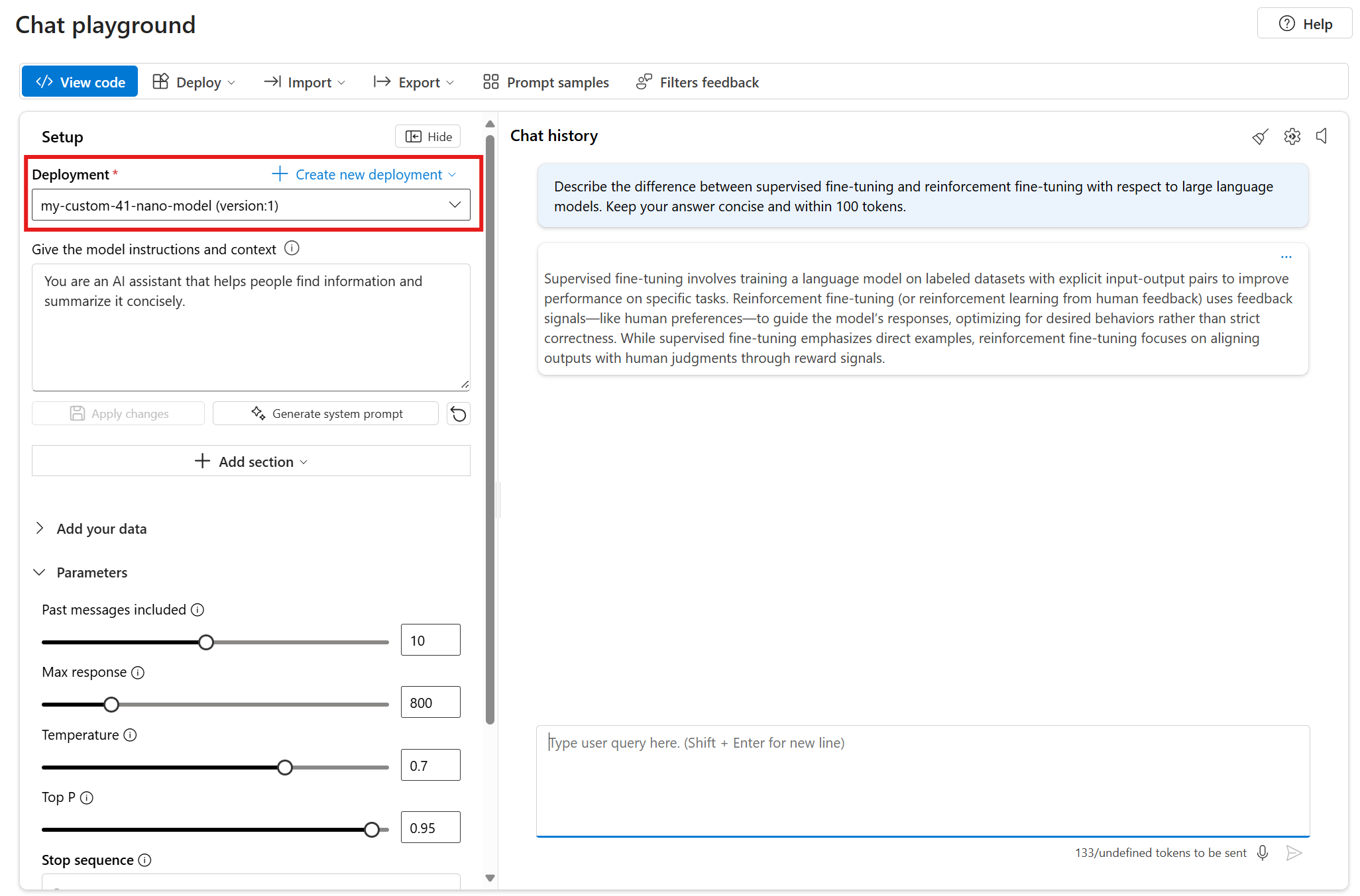 Azure AI Foundry 门户中的“操场”窗格屏幕截图,其中突出显示了某些部分。