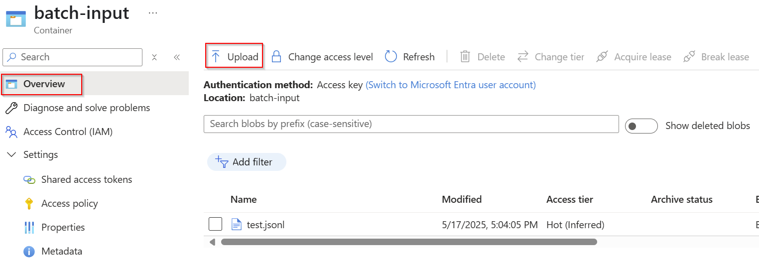显示 Azure 存储 Blob 容器上传 UX 的屏幕截图。