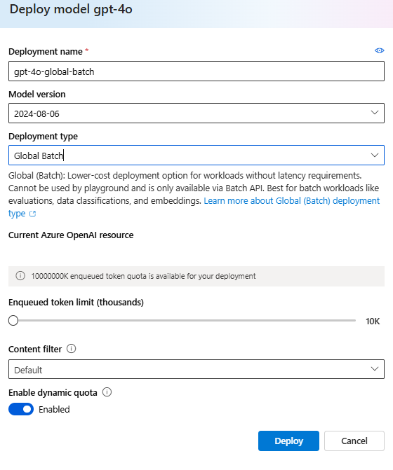显示 Azure AI Foundry 门户中的模型部署对话框的屏幕截图,其中突出显示了 Global-Batch 部署类型。