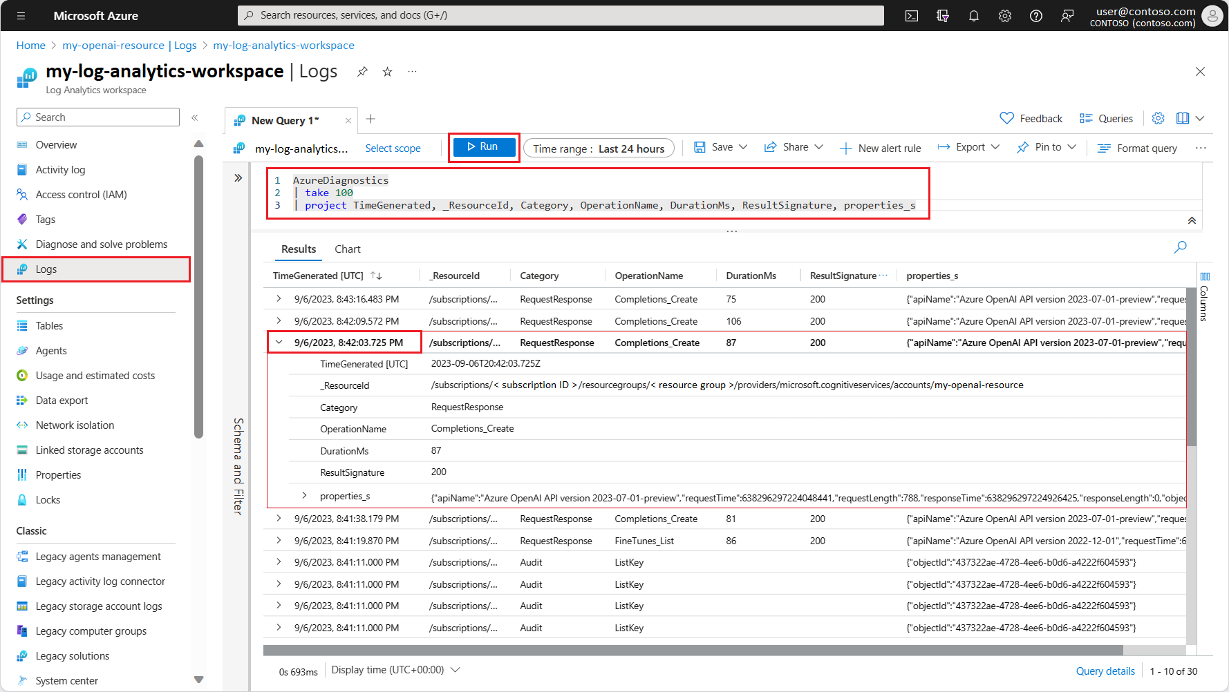 显示 Azure OpenAI 资源的相关 Azure 诊断数据的 Log Analytics 查询结果的屏幕截图。