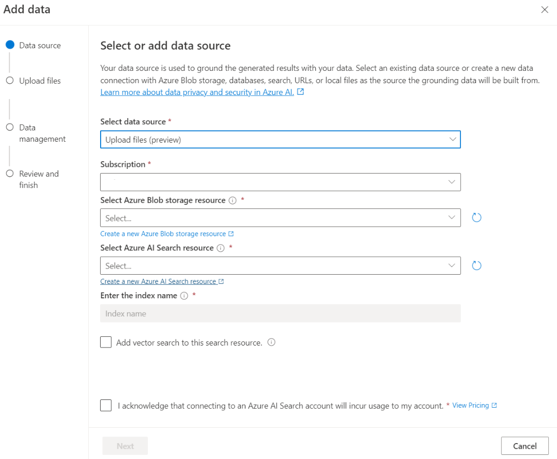 显示用于在 Azure AI Foundry 门户中选择数据源的选项的屏幕截图。