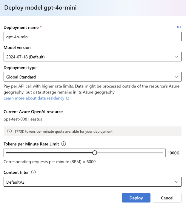 Azure AI Foundry 的部署 UI 的屏幕截图