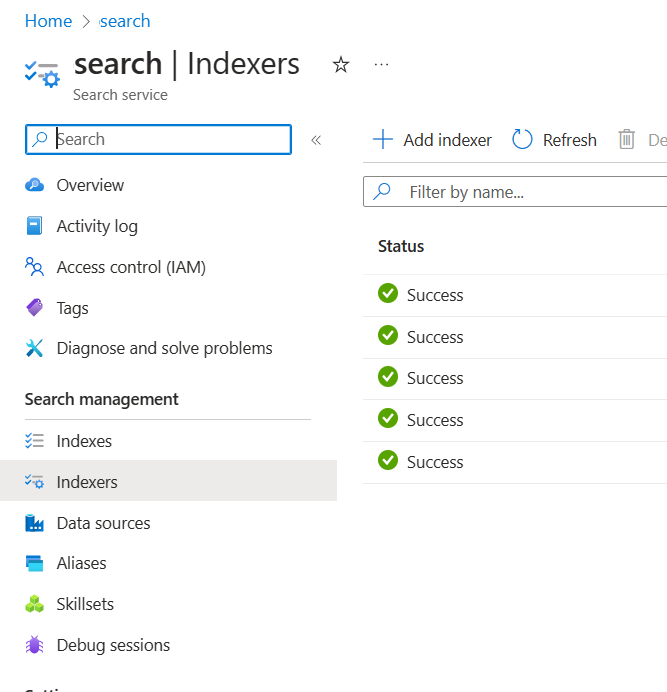 Azure 门户中“索引器”选项卡的屏幕截图。