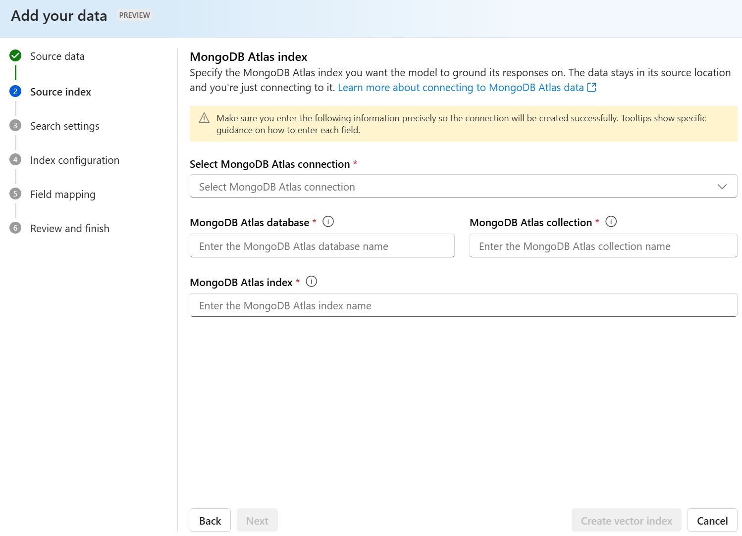 显示 Mongo DB Atlas 的字段必填信息的屏幕截图。