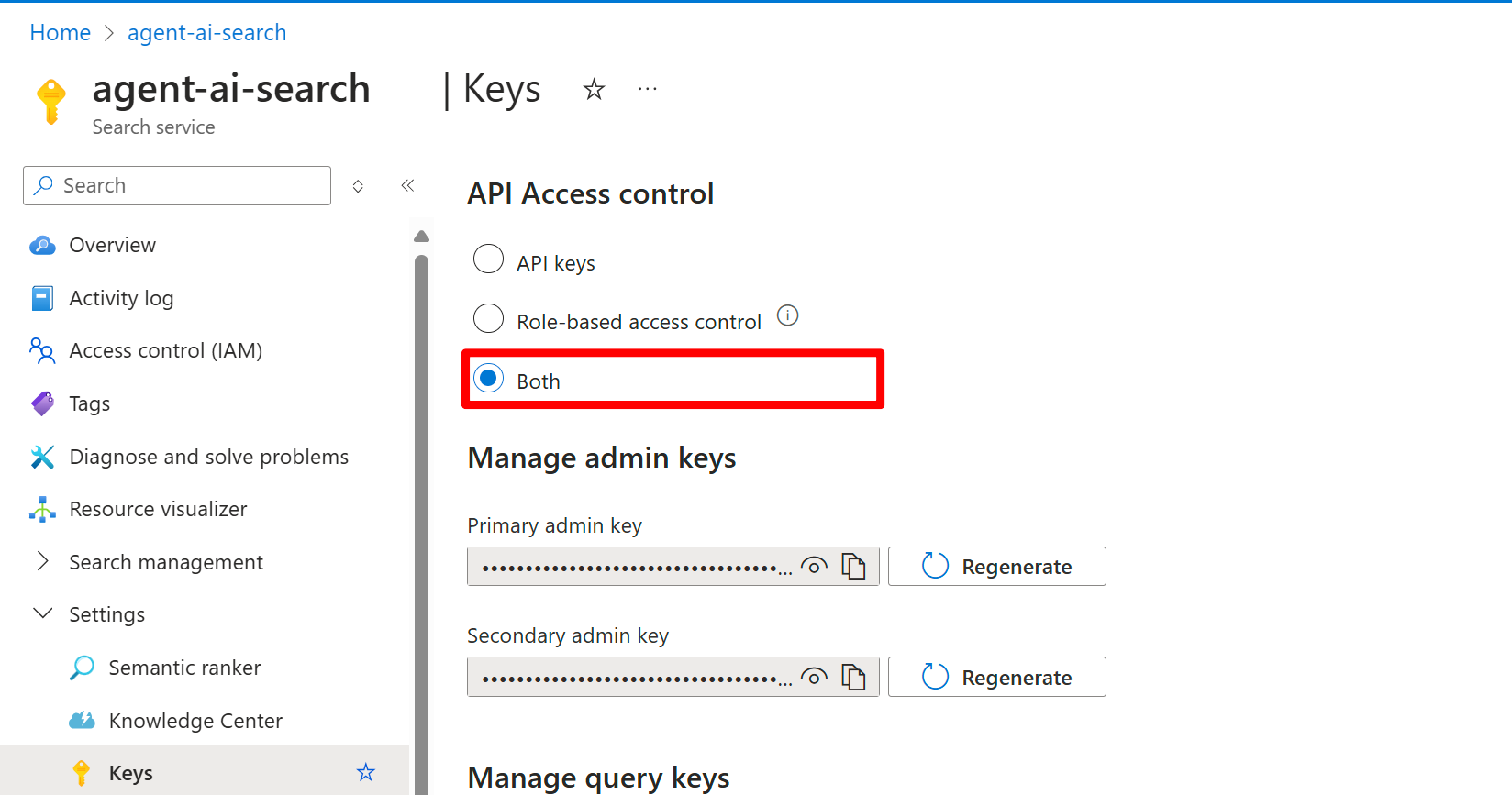 Azure 门户中 AI 搜索资源“密钥”选项卡的屏幕截图。