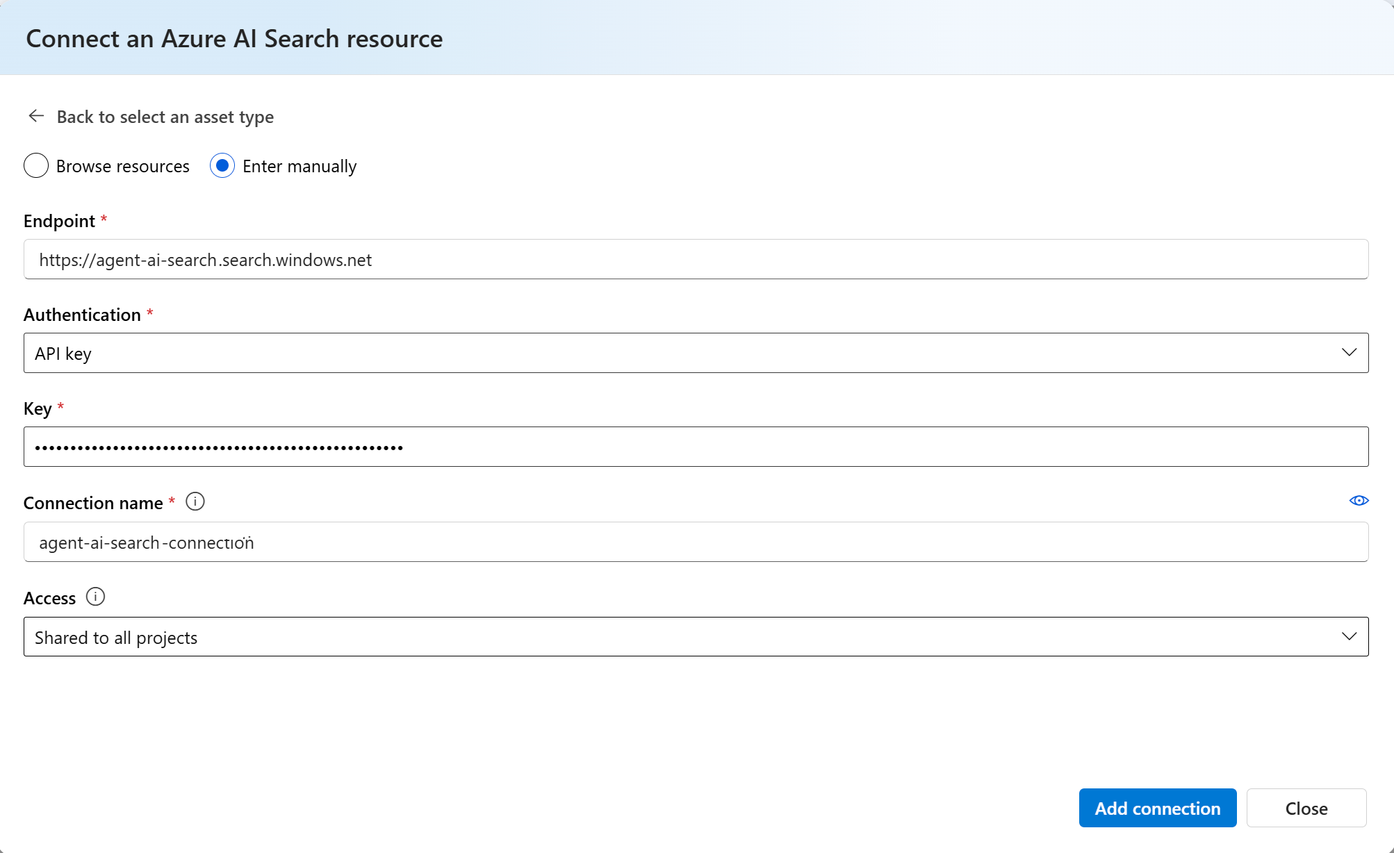 用于添加新 Azure AI 搜索连接的必填字段的屏幕截图。