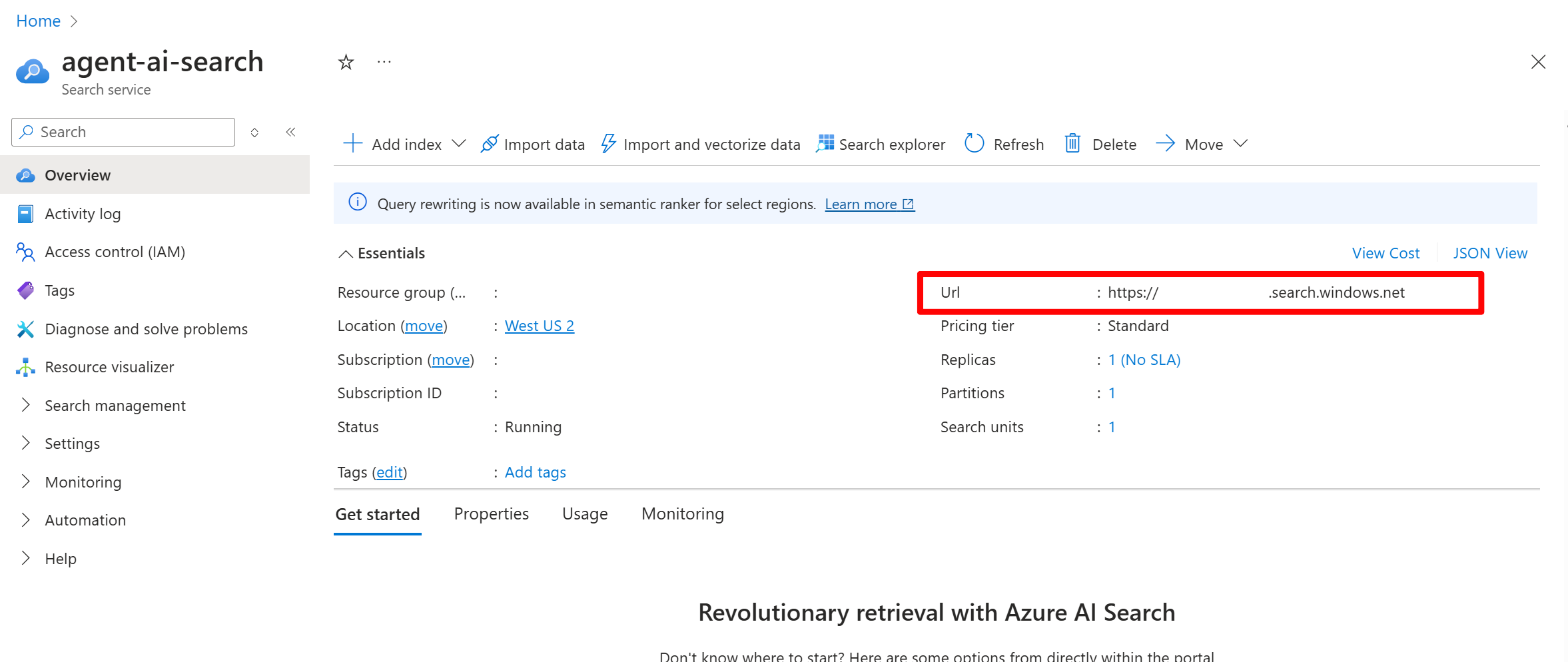 Azure 门户中 AI 搜索资源“概述”选项卡的屏幕截图。