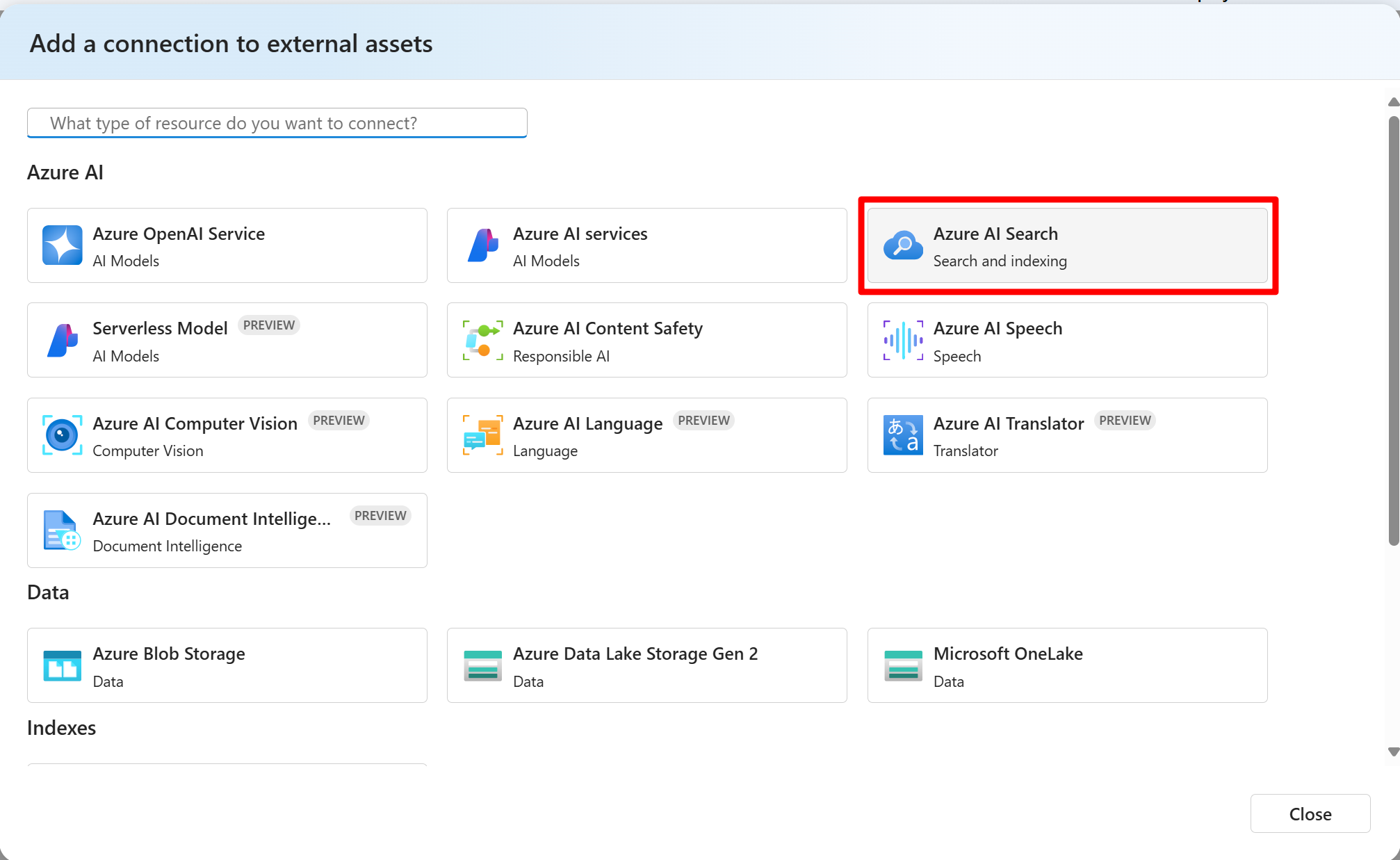 用户应选择的 Azure AI 搜索连接类型的屏幕截图。