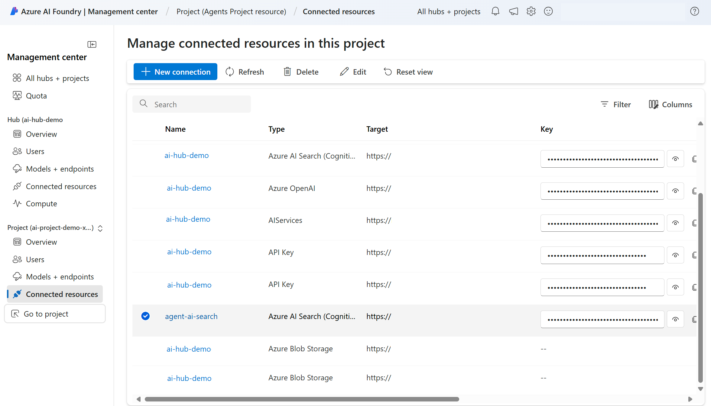 项目连接页的屏幕截图,其中添加了新的 Azure AI 搜索连接。