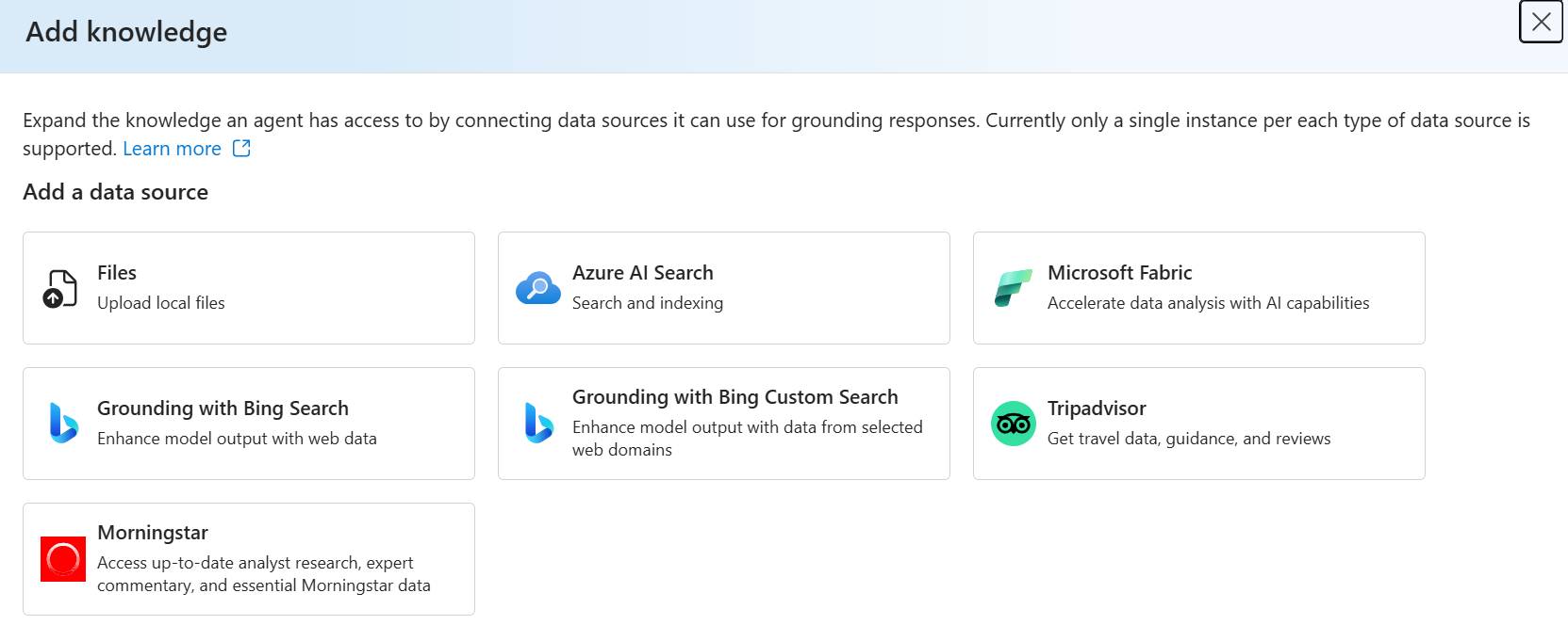 显示 Azure AI Foundry 门户中可用的知识工具的屏幕截图。