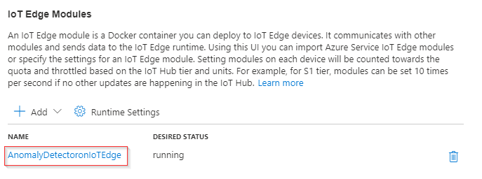 IoT Edge 模块用户界面的图像,其中包含以红色框突出显示的 AnomalyDetectoronIoTEdge 链接,指示这是要选择的项。
