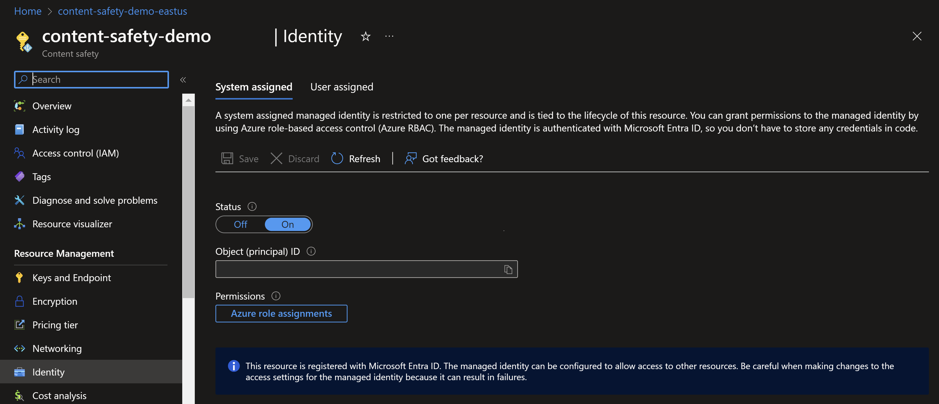 Azure 门户中内容安全标识资源的屏幕截图。
