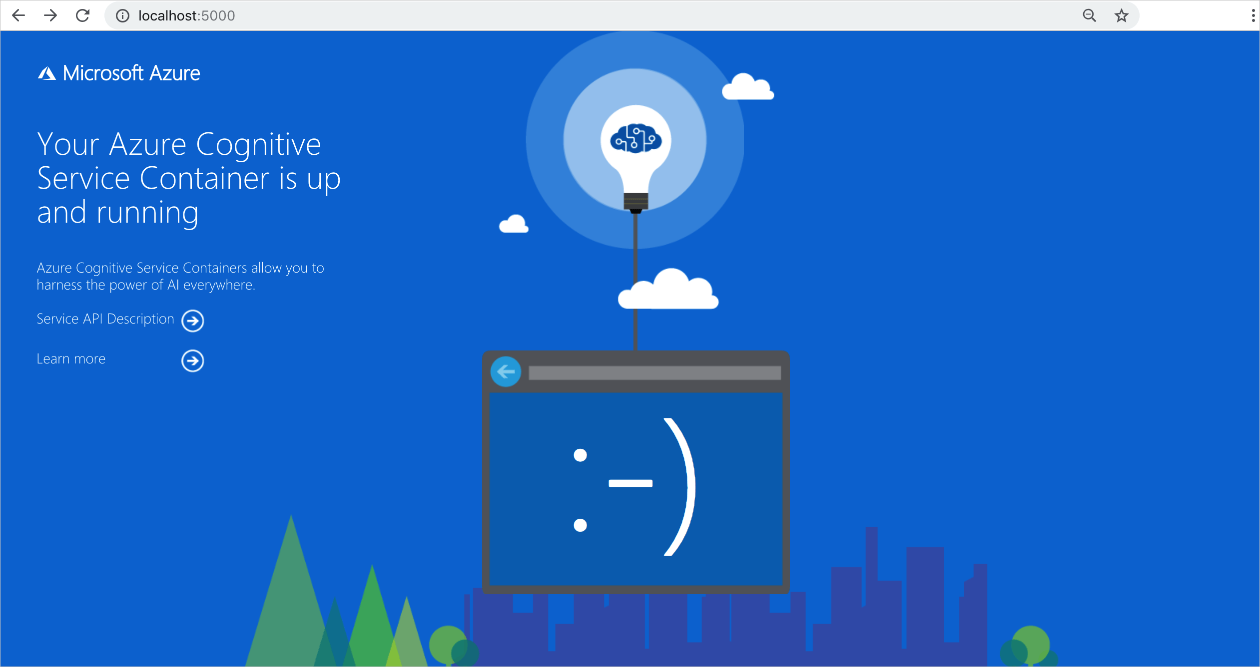 Azure 容器欢迎页的屏幕截图。