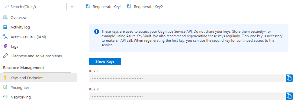 Azure 门户的屏幕截图,显示了一个沉浸式阅读器资源,其中选择了“密钥和终结点”部分(顶部显示了“重新生成密钥”按钮)。