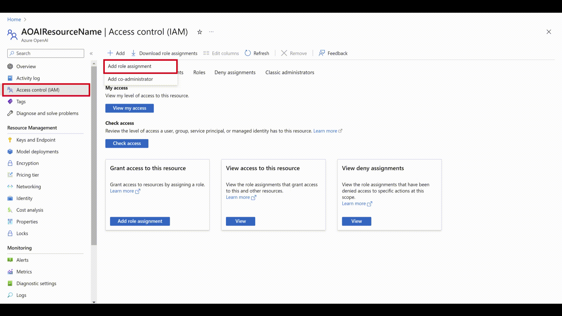 多个屏幕截图显示了将所需角色添加到 Azure OpenAI 资源的步骤。