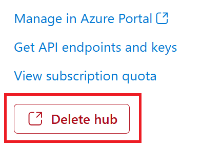 Azure AI Foundry 中“删除中心”按钮的屏幕截图。