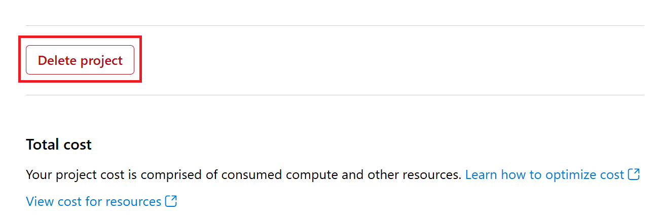 Azure AI Foundry 中“删除项目”按钮的屏幕截图。