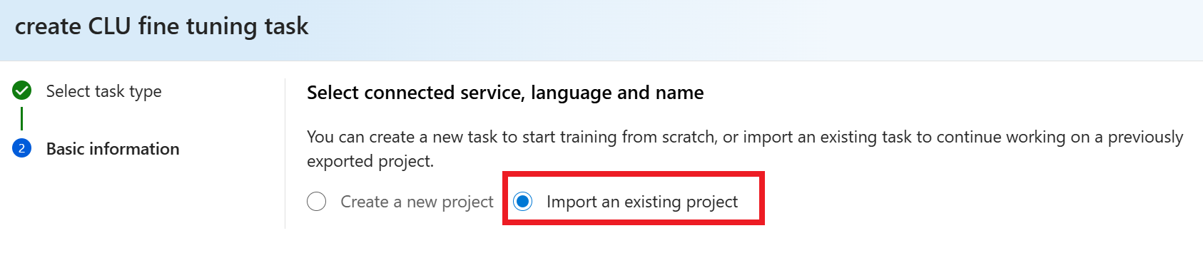 Azure AI Foundry 中选中“导入现有项目”的屏幕截图。