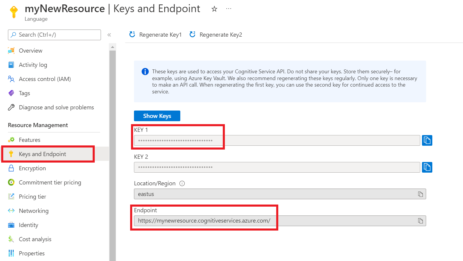 显示 Azure 门户中的“密钥和终结点”页的屏幕截图