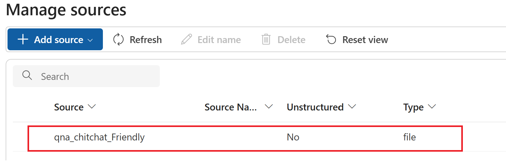 Azure AI Foundry 中管理源列表的屏幕截图。