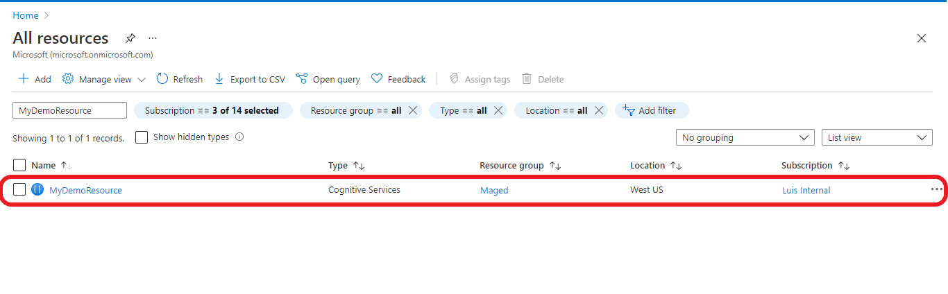 显示了 Azure 门户中的 LUIS 订阅的屏幕截图。