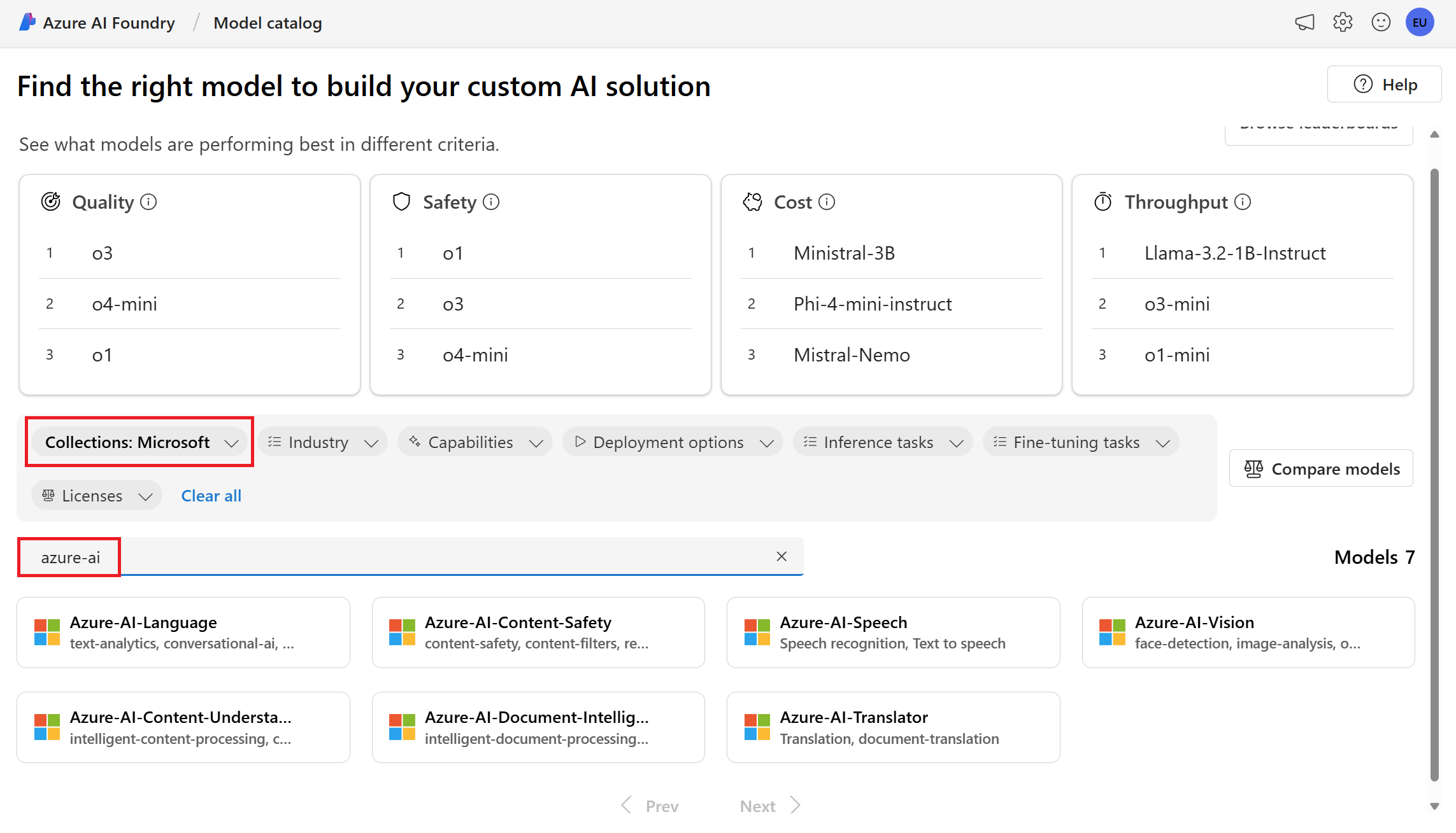 Azure AI Foundry 门户中模型目录页的屏幕截图,其中包含按集合和名称进行搜索的选项。