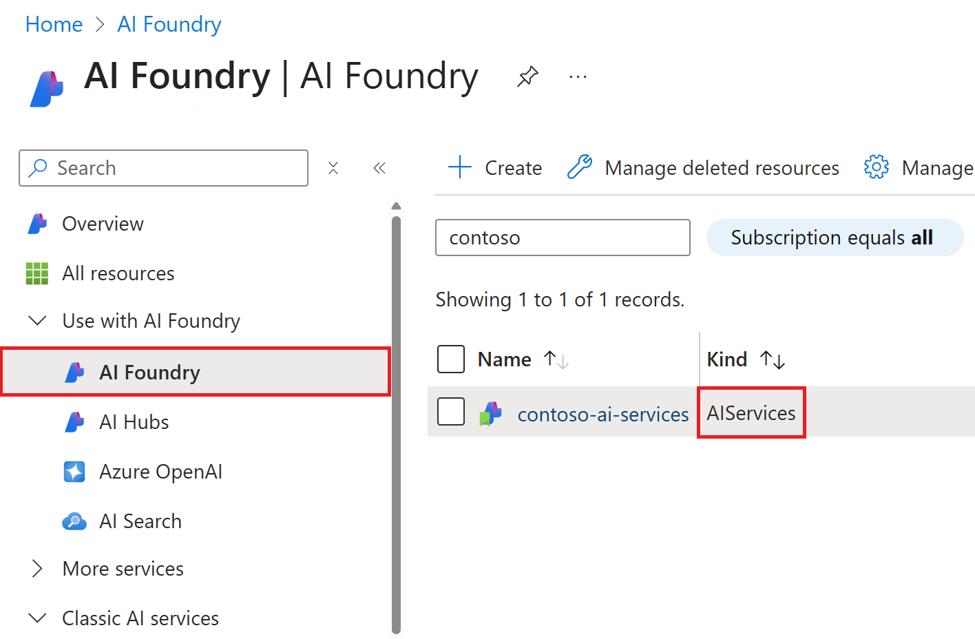 Azure 门户中 Azure AI Foundry 资源的屏幕截图。
