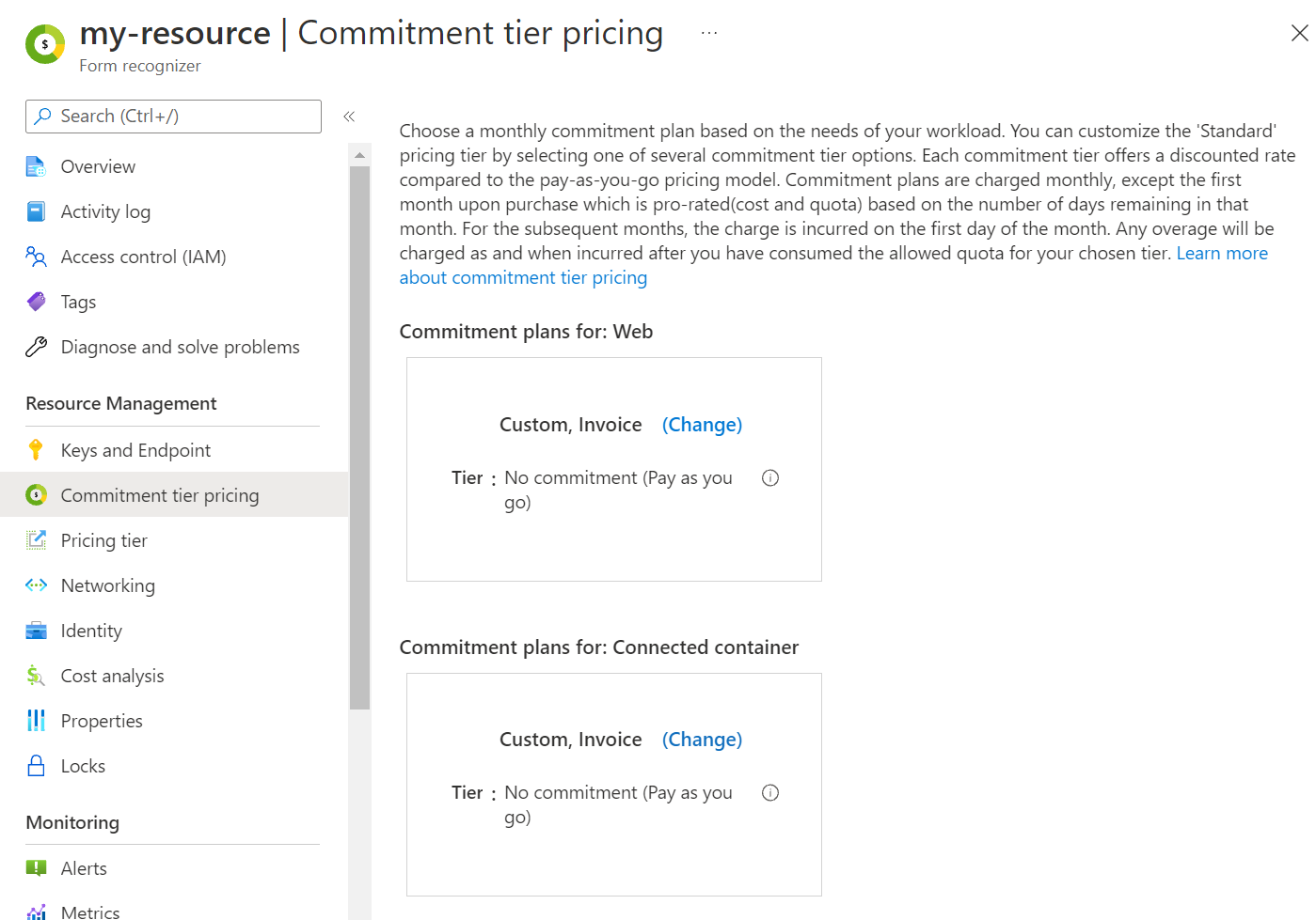 显示 Azure 门户上承诺层定价页的屏幕截图。