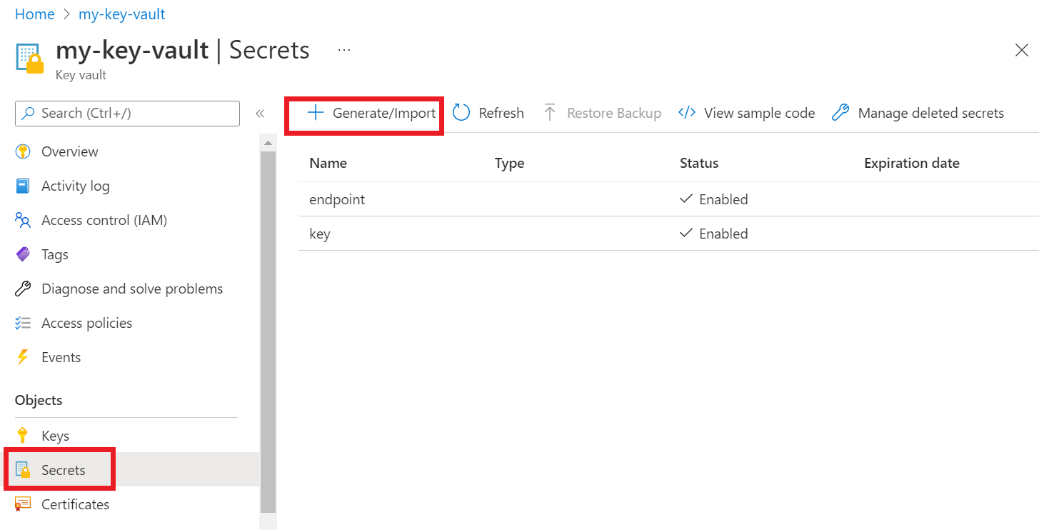 显示 Azure 门户中的密钥保管库密钥页的屏幕截图。