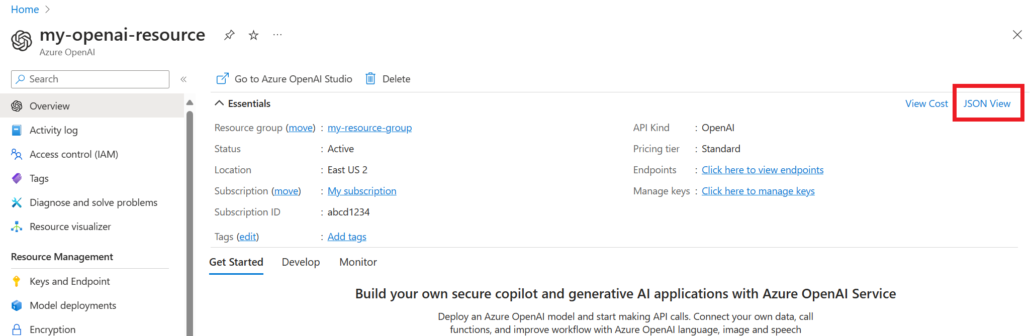 显示 Azure 门户中资源的 JSON 视图选项的屏幕截图。