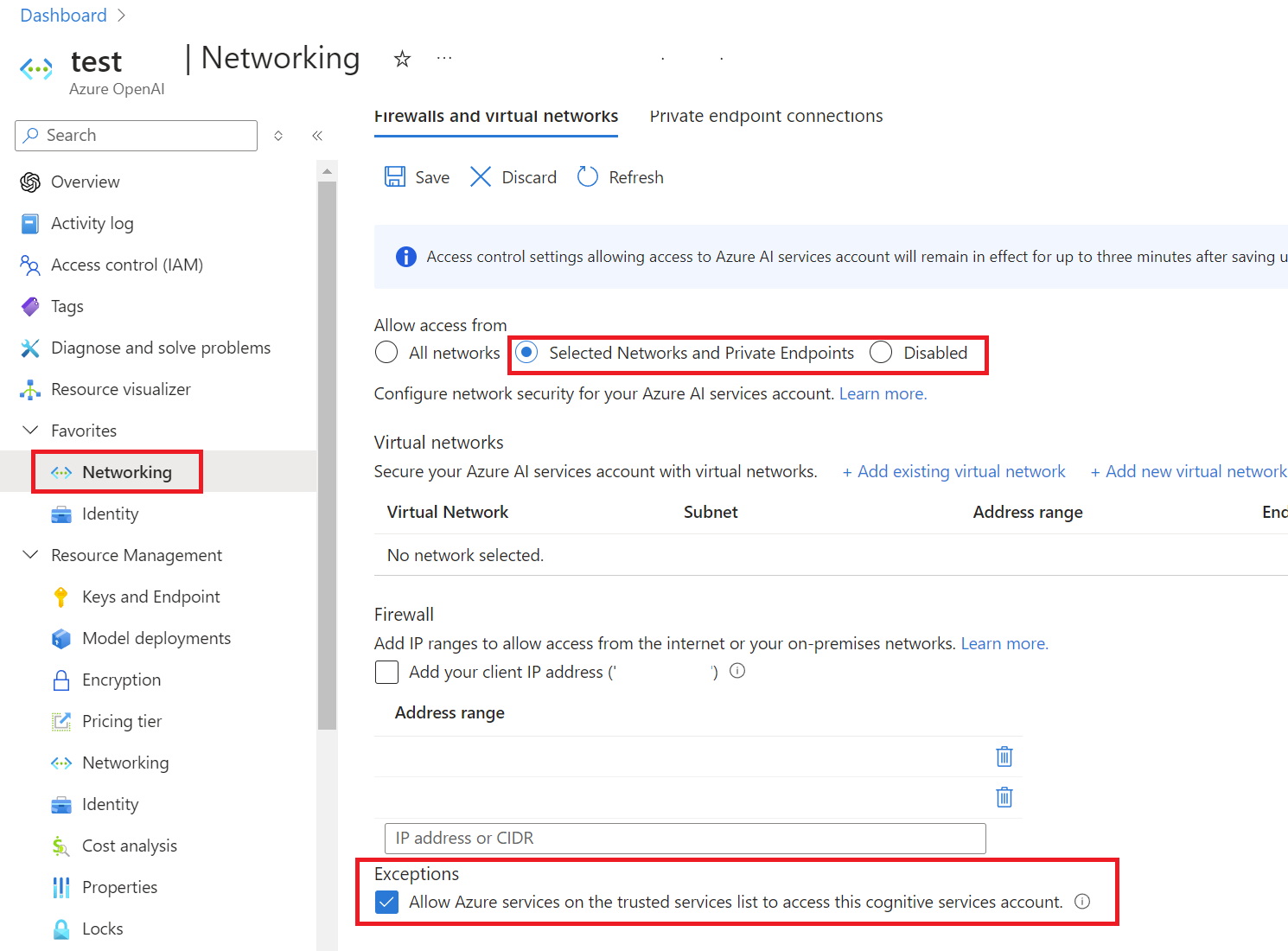 显示 Azure 门户中资源的网络设置的屏幕截图。