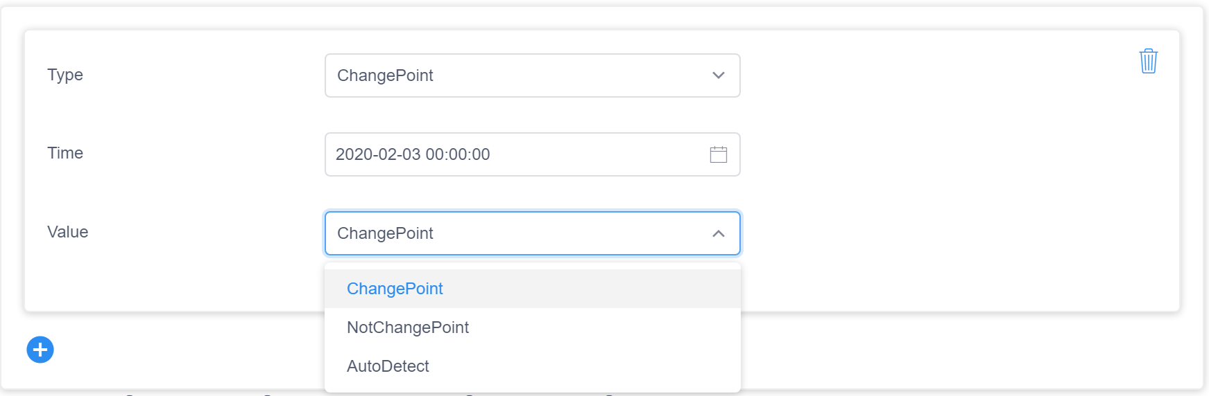 “更改点”菜单,其中具有包含 ChangePoint、NotChangePoint 和 AutoDetect 选项的下拉列表