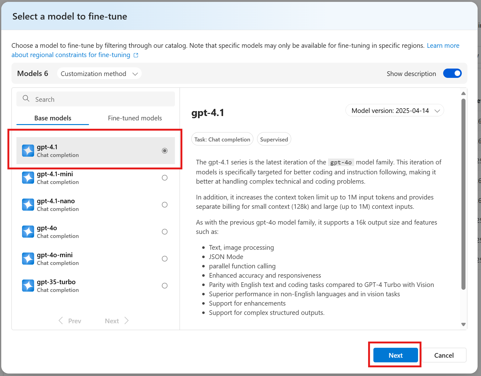 Azure AI Foundry 门户中模型选择对话框的屏幕截图。