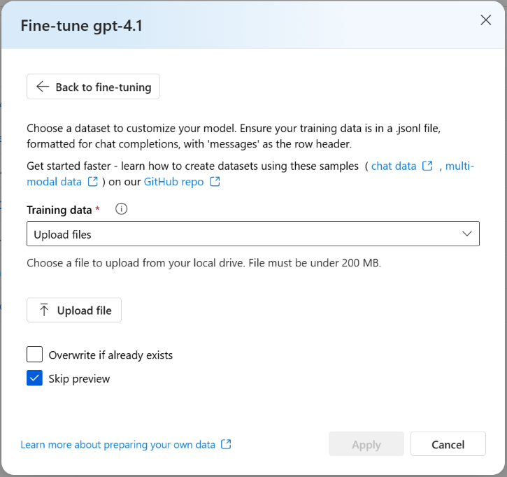 Azure AI Foundry 门户中“创建自定义模型向导”的“训练数据”窗格的屏幕截图。